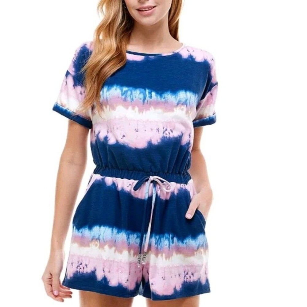 Kingston Grey Women's Size Medium Romper Tied Dyed Blue Purple Elastic Waist